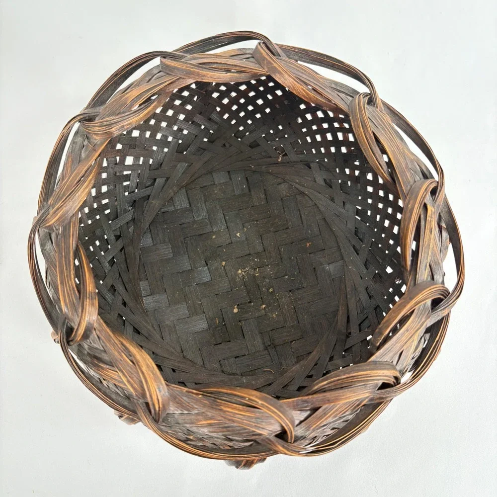 Vintage 80s Woven Bamboo Basket Brown Copper Braided Rim Decorative Bowl
